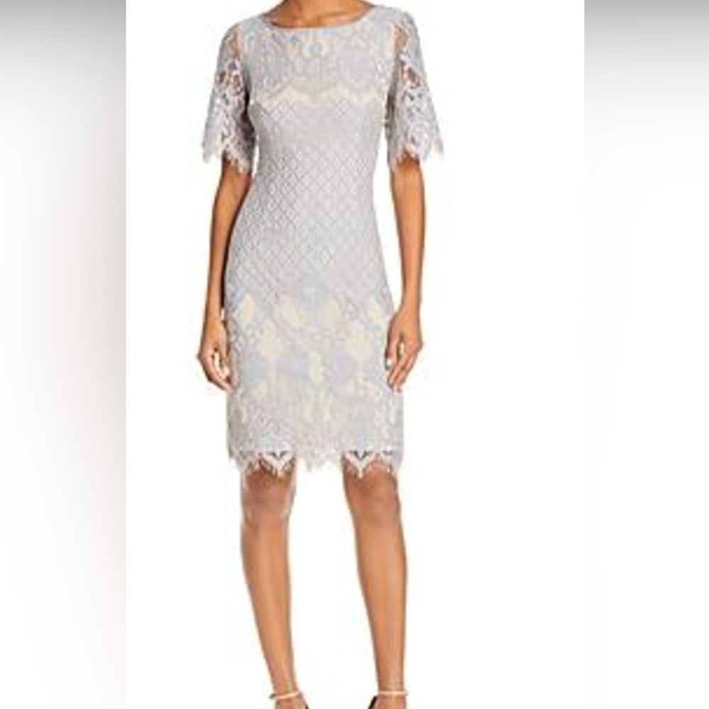 Adrianna Papell Georgia Lace Sheath Dress in Light Blue/Lavender - Size 4